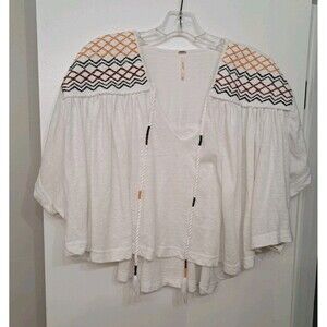 Free People Ruffle Tie Batwing Embroidered Top Women's XS Boho SEE MEASUREMENTS